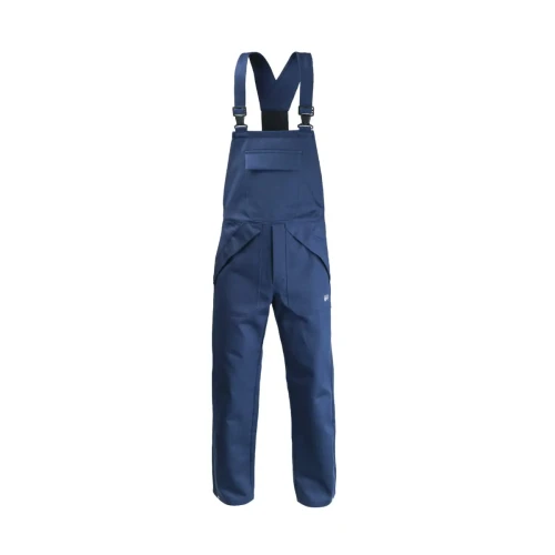 Spodnie Ogrodniczki dla Spawacza - kolor granatowy CE EN 13688 EN ISO 11611 KLASA 2 EN ISO 11612 - widok z przodu