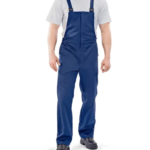 Spodnie Ogrodniczki Trudnopalne dla Spawacza - kolor niebieski CE EN 340, EN ISO 11611, EN ISO 11612