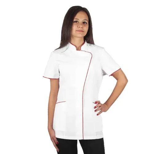 Bluza biała damska z krótkim rękawem - łososiowa lamówka