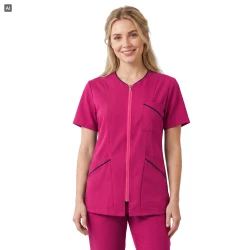 Scrubs bluza uniwersalna damska róż amarant z krótkim rękawem na zamek - granatowe lamówki