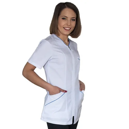 Bluza medyczna damska biała z krótkim rękawem na zamek - błękitne lamówki
