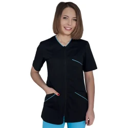 Bluza uniwersalna damska czarna z krótkim rękawem na zamek - turkusowe lamówki