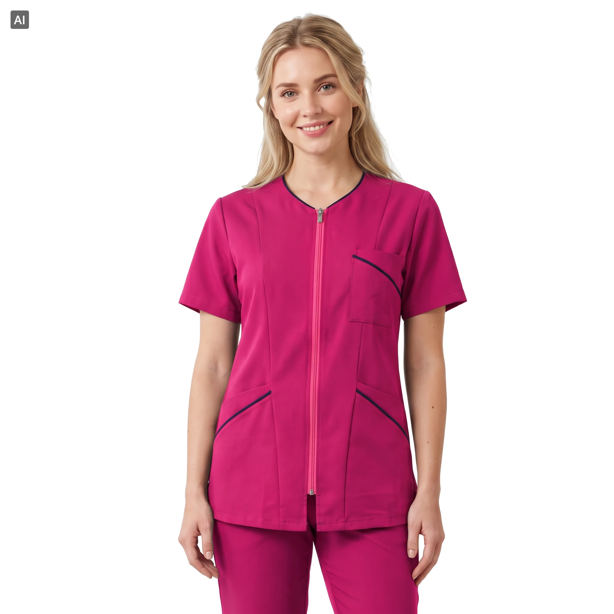 Scrubs bluza uniwersalna damska róż amarant z krótkim rękawem na zamek - granatowe lamówki