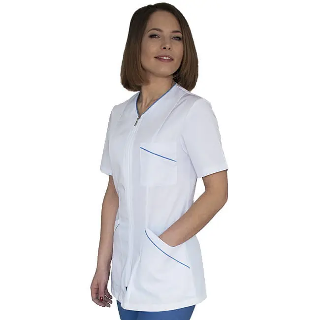 Bluza Medyczna na zamek biała - błękitne lamówki