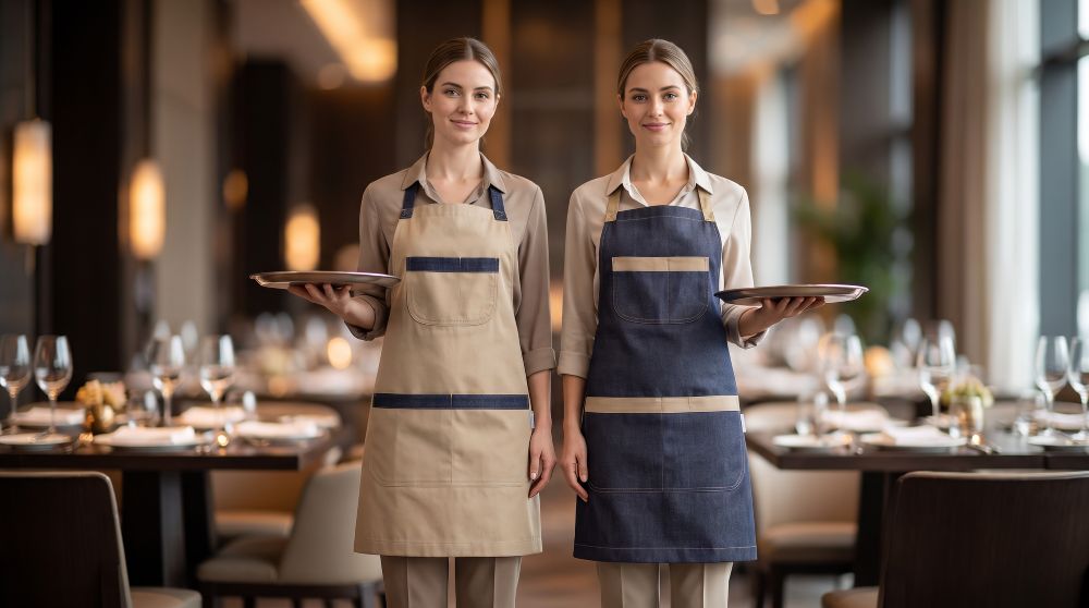 Beżowy fartuch przedni z kieszeniami do kuchni i gastronomii